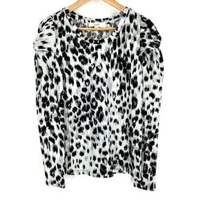 LOFT Top Size Small Gray Animal Print Shirt Long Puff Sleeve Stretch Leopard